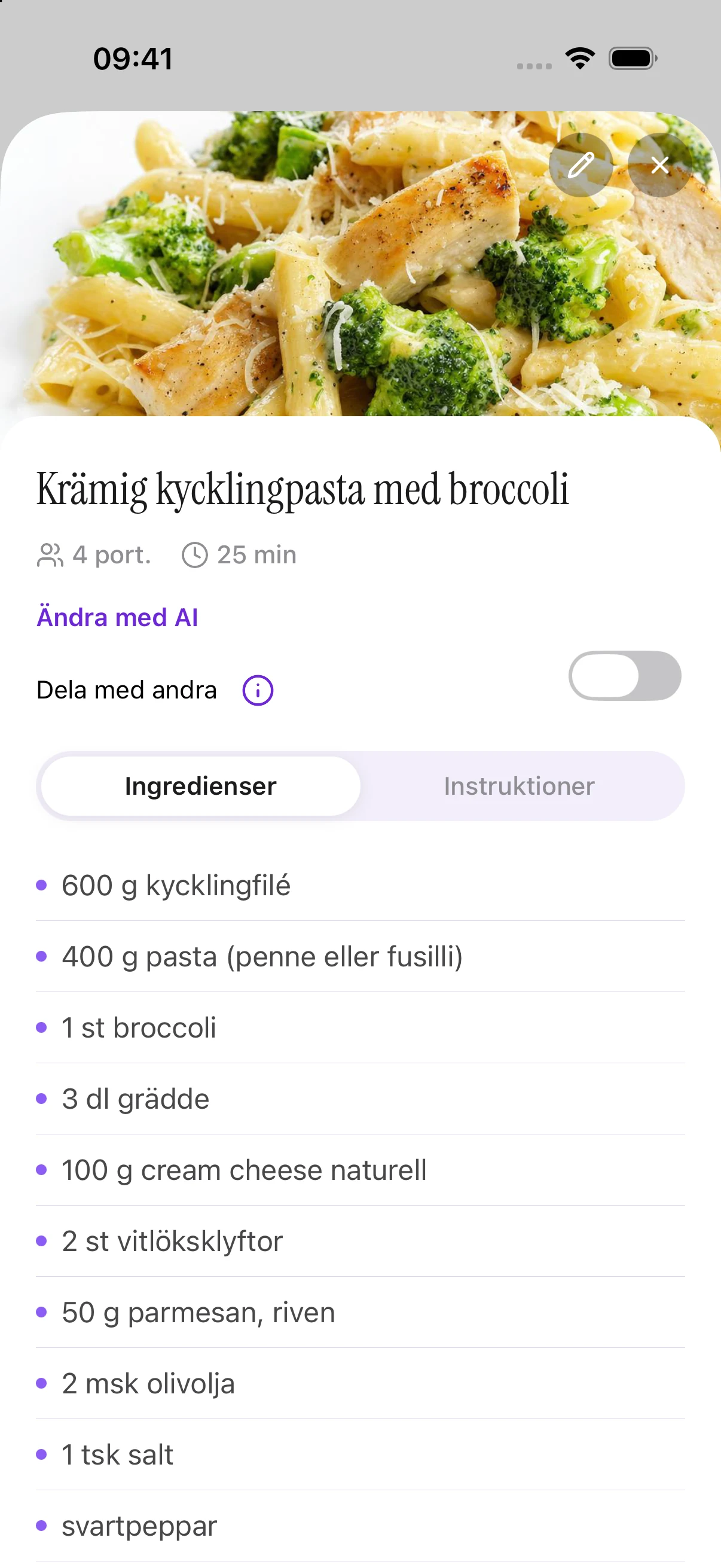 Det sparade receptet Krämig kycklingpasta med broccoli, med sin AI-genererade matbild.